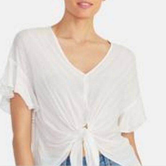 RACHEL Rachel Roy June Striped Top White & Gold V-neck Tie Front Ruffled XS New - Picture 1 of 8